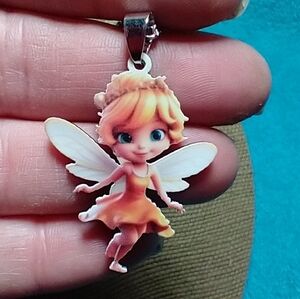 Fairy Pendant Necklace white wings yellow dress blue eyes